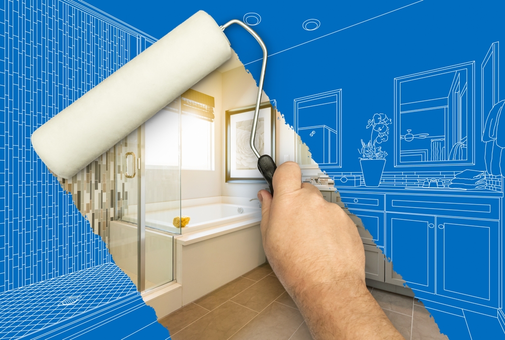 pain roller blue print revealing remodeled bathroom